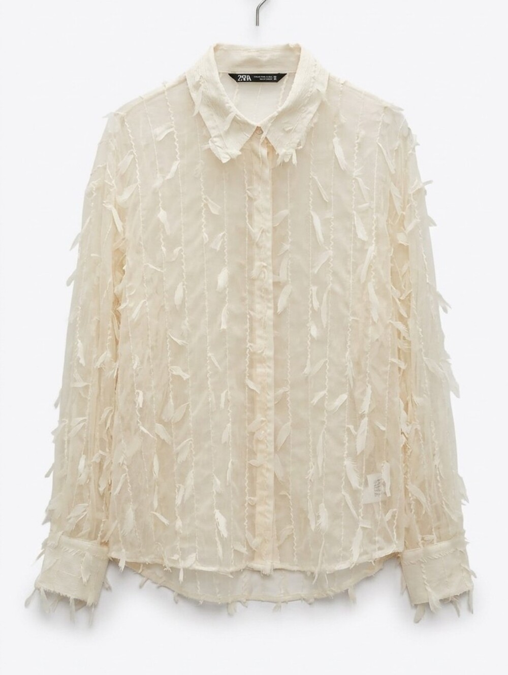ZARA Ivory Sheer Fringe Collared Button Front Blouse Women Long Sleeve